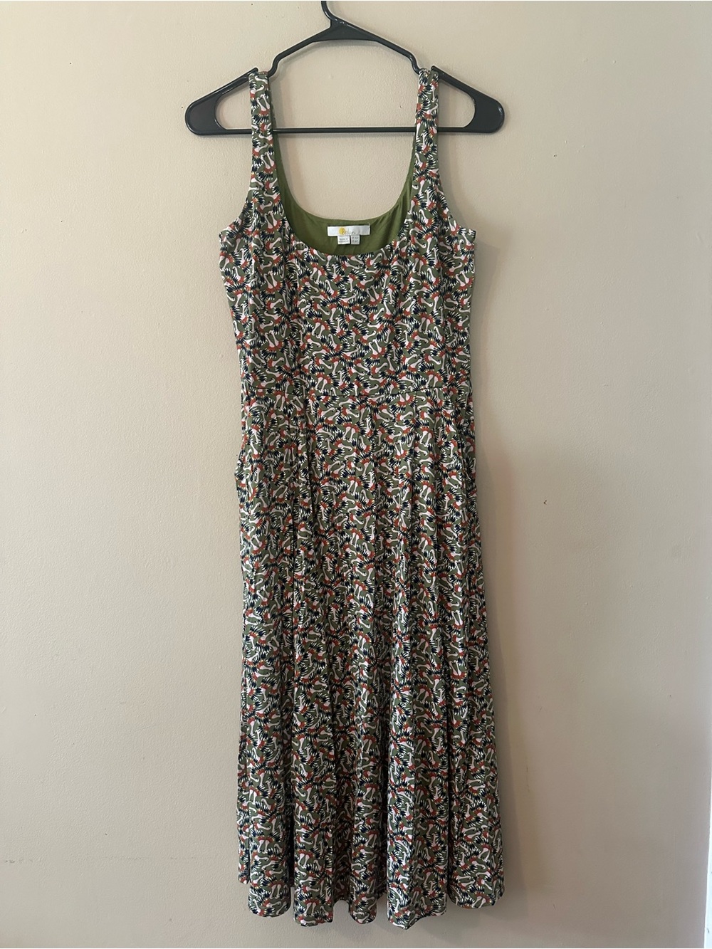 Boden Margot Olive Flamingo Jersey Midi Dress, Sz 6